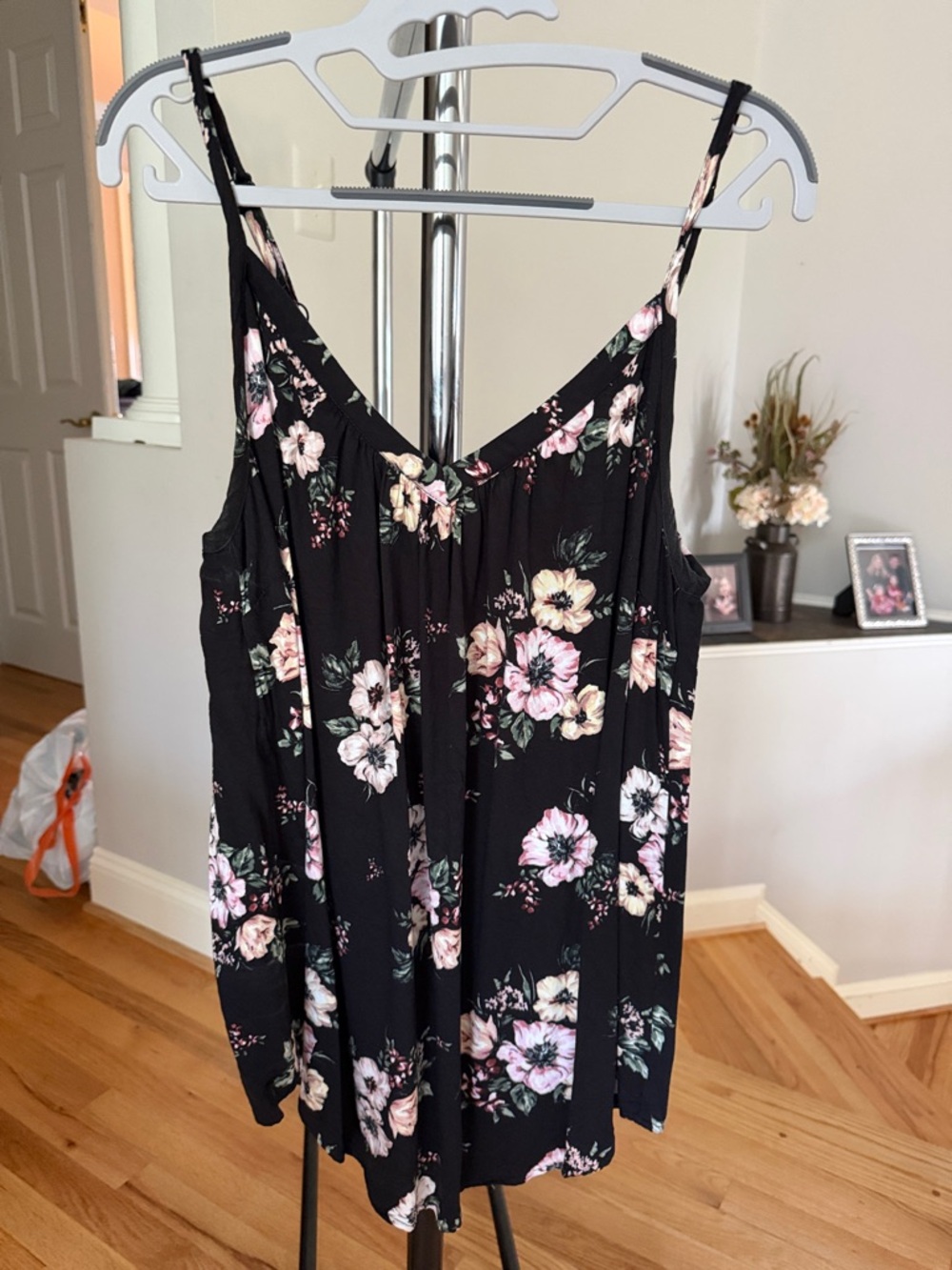 torrid Black Floral Tank Top with Pink and Cream Flowers